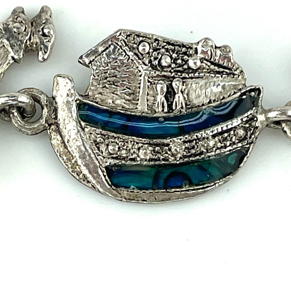 Vintage Genuine Paua Shell Noah's Ark 7" Charm Bracelet Silver and Blue Jewelry